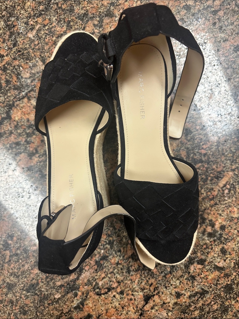 Marc Fisher Black Suede Woven Espadrille Wedge Sandals with Ankle Strap size 10